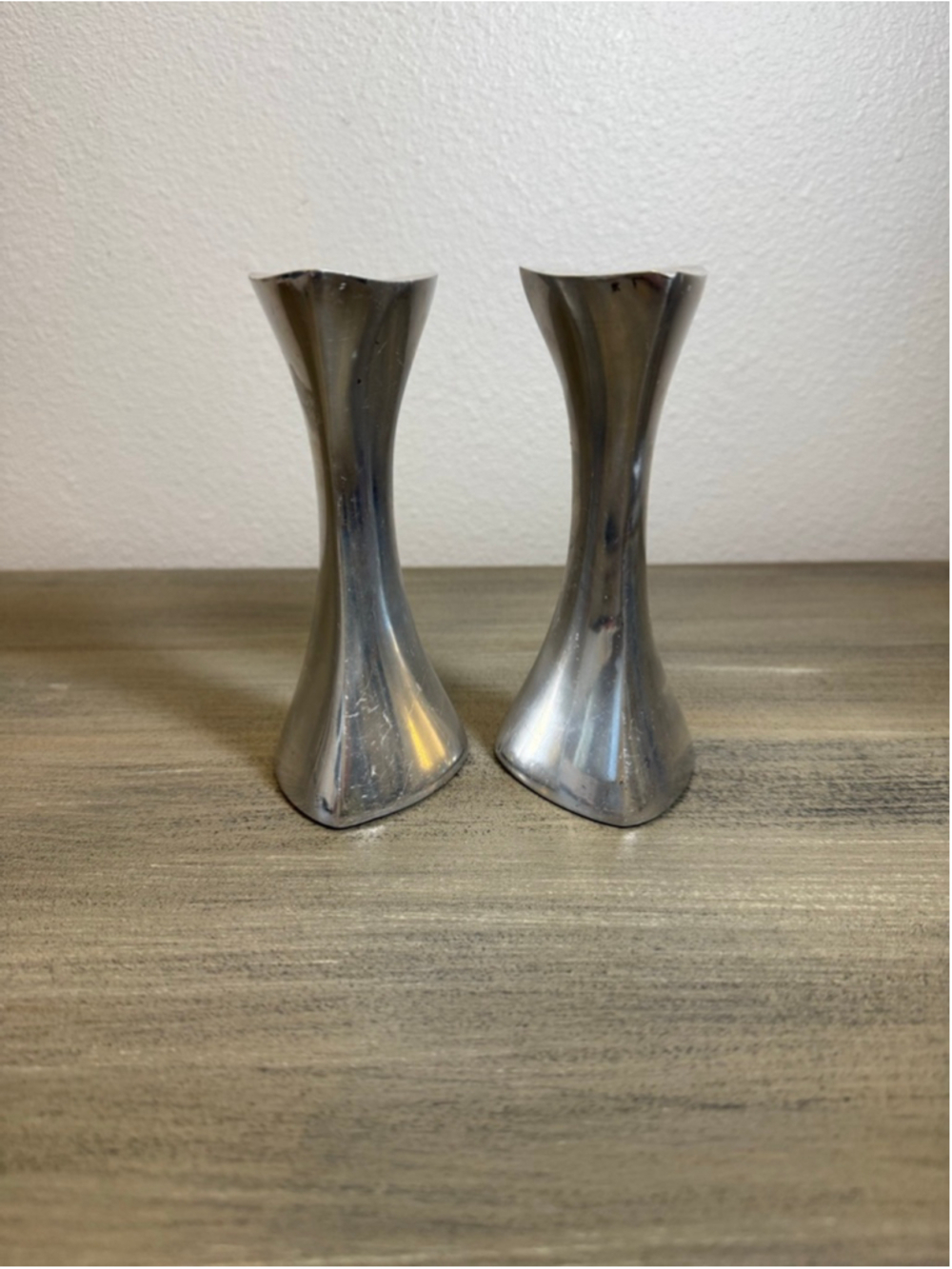 Nambe 594 Candle Stick Holder Tri Corner Aluminum MCM 5.75” Set of 2